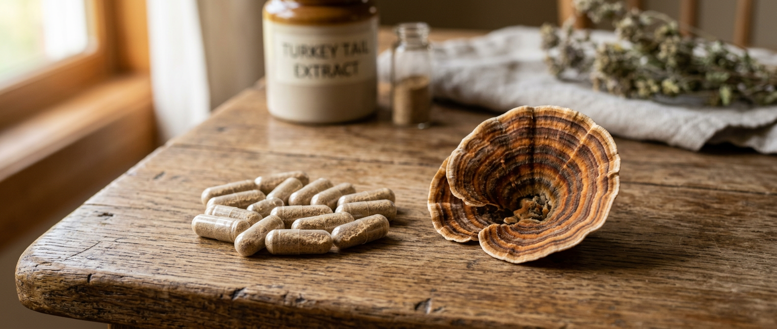 Gélules transparentes contenant de la poudre d'extrait de champignon médicinal, disposées à côté d'un chapeau de Queue de Dinde sur une table en bois, 16:9